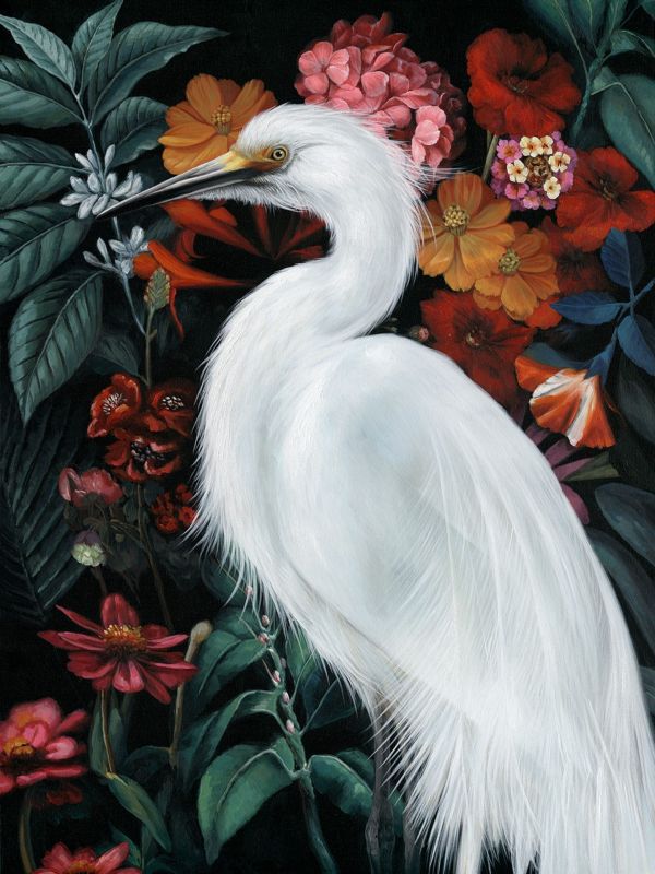 Ölbild Silberreiher im Blumenwald 90x120cm